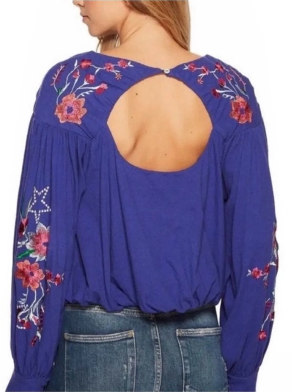 Free people lita embroidered puff sleeve blouse with stylish cutouts Sz s